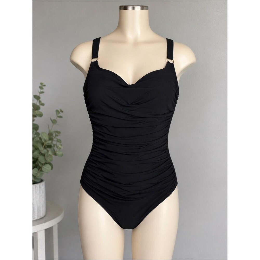 Anne Cole Black Ruched Tummy Control One Piece Swimsuit Medium beach cruise swim